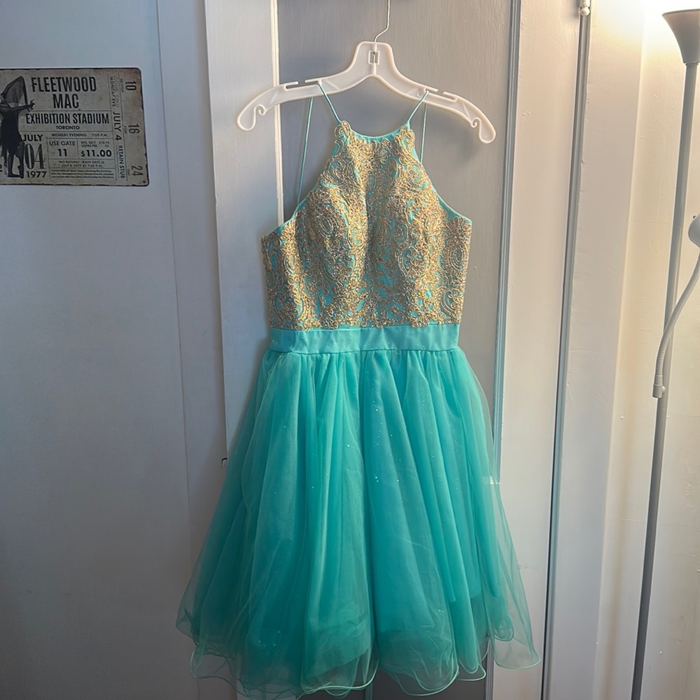 Damas by Tiffany Designs Knee Length Size XS mint blue with gold detail dress.